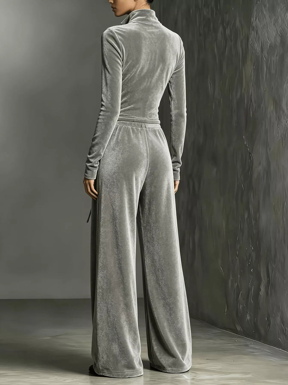 Velour Zip-Front Long Sleeve Wide-Leg Jumpsuit