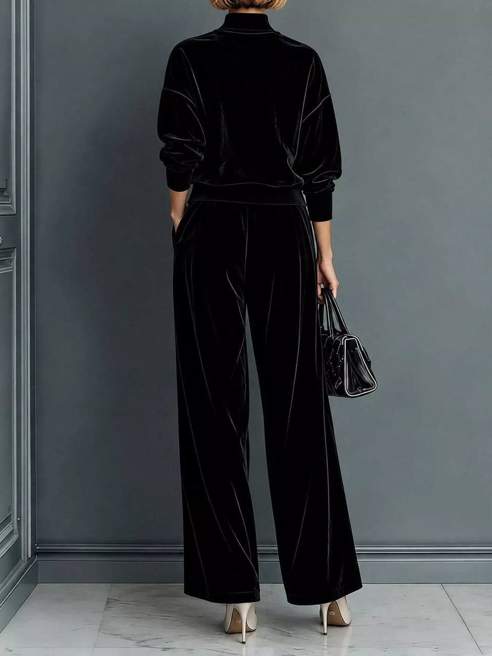 Velvet Mock Neck Long Sleeve Top and Wide-Leg Pants Set