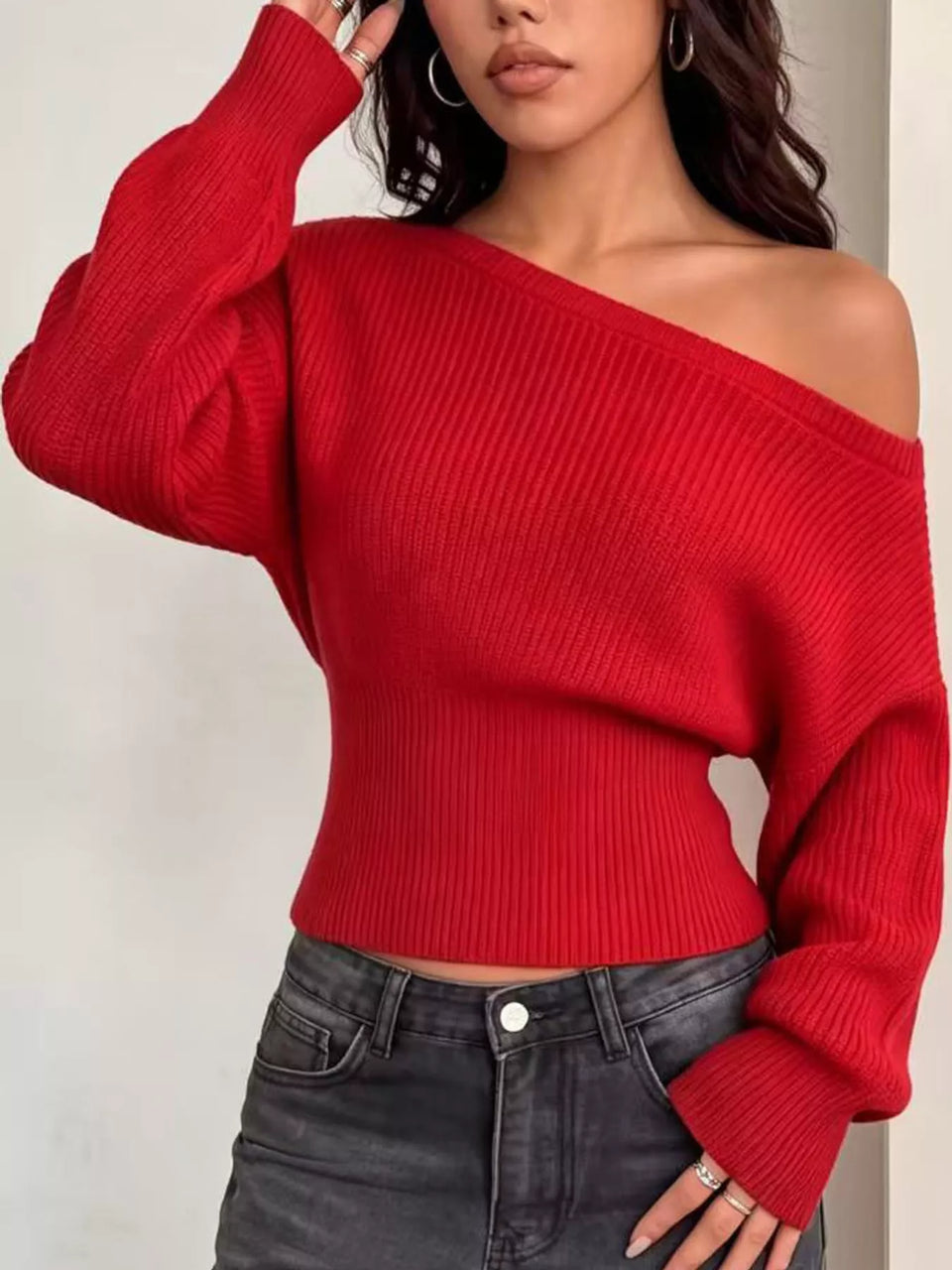 One Shoulder Ribbed Knit Sweater