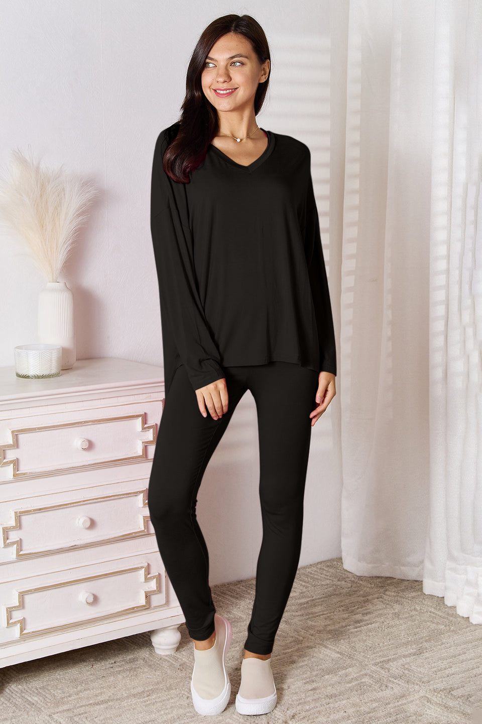 Basic Bae Soft Rayon V-Neck Top and Pants Lounge Set