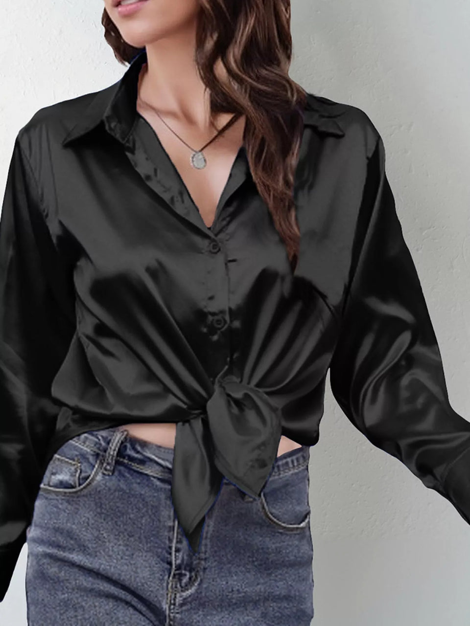 Satin Button-Down Long Sleeve Shirt
