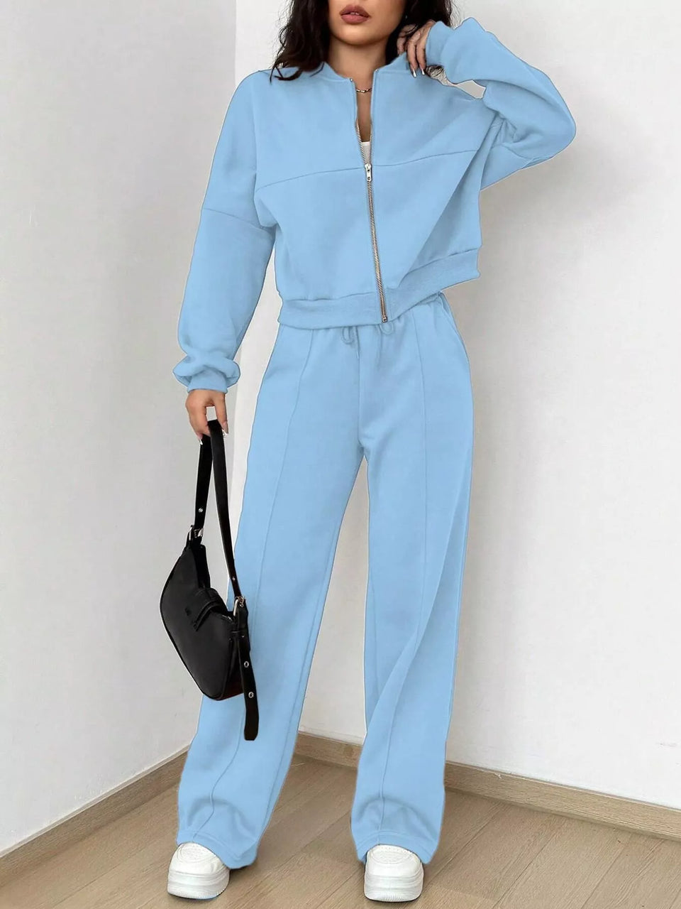 Casual Zip-Up Jacket and Wide-Leg Sweatpants Set