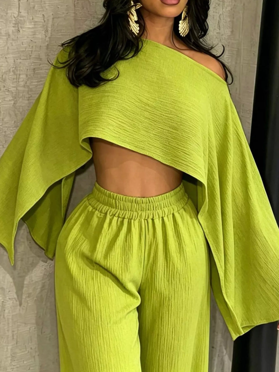 Boat Neck Crop Top and Wide-Leg Pants Set