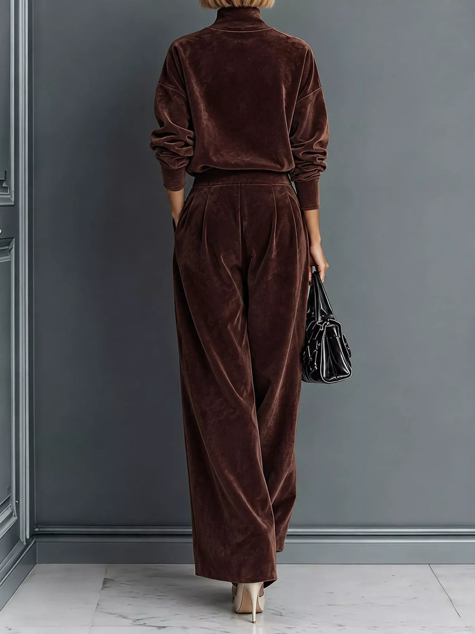 Velvet Mock Neck Long Sleeve Top and Wide-Leg Pants Set