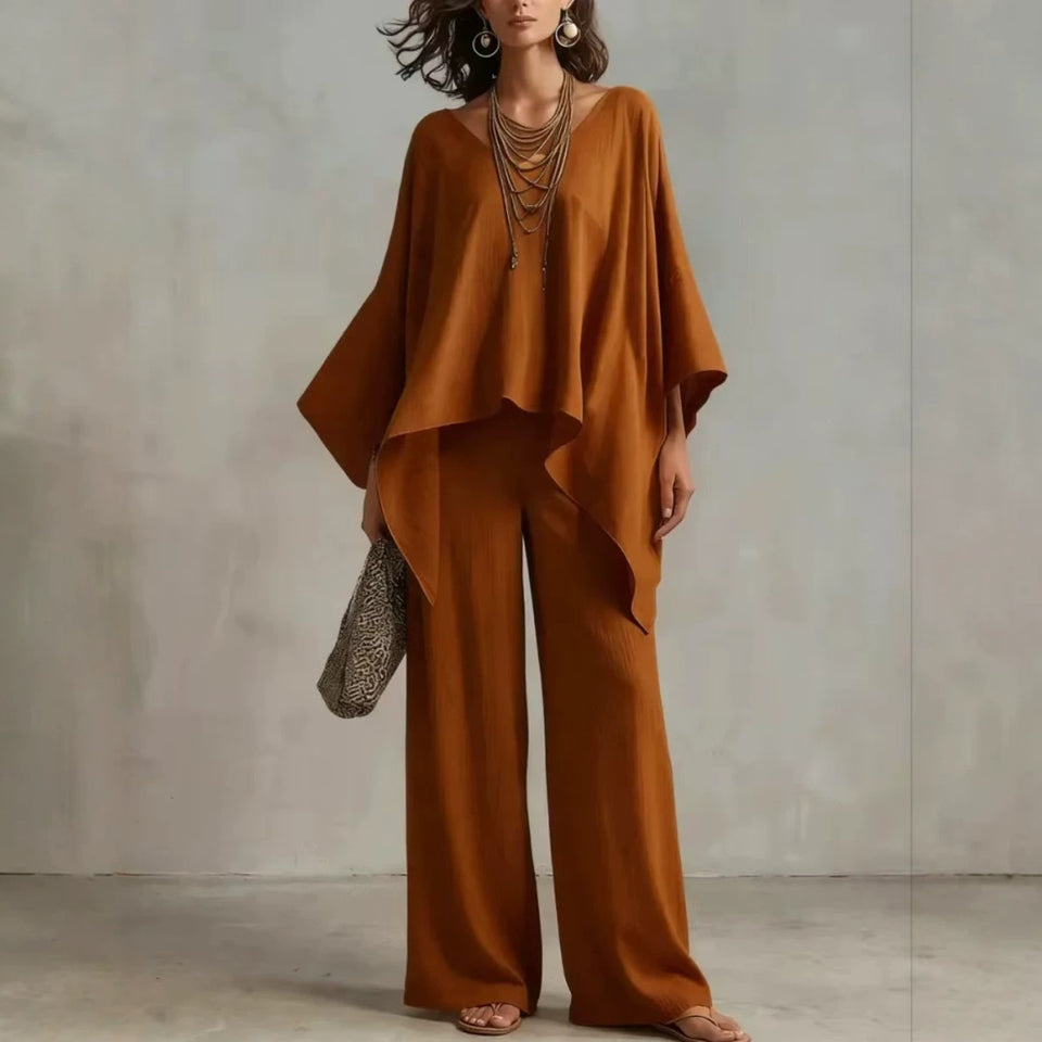Set i linnemix med asymmetrisk topp och vida byxor