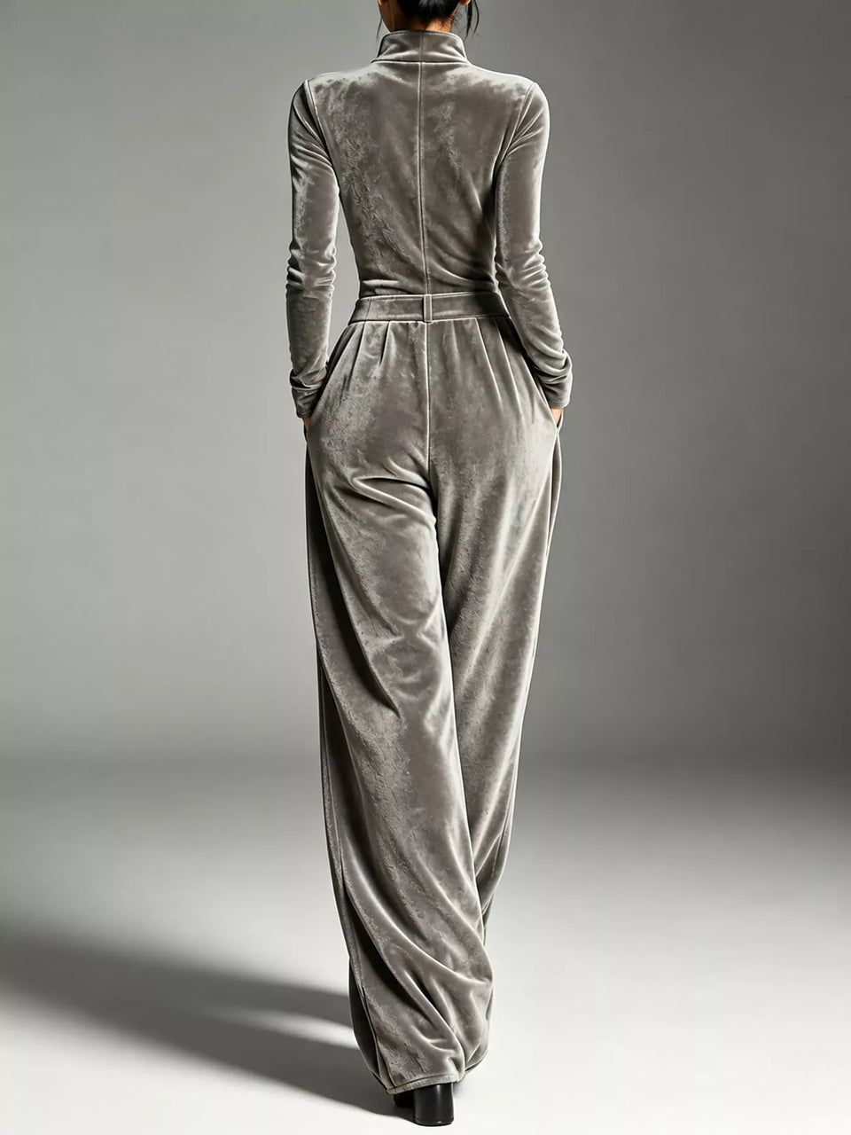 Velvet Zip-Up Jumpsuit with Tie-Waist