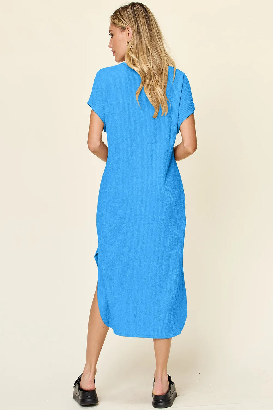 Double Take Round Neck Short Sleeve Slit Dress