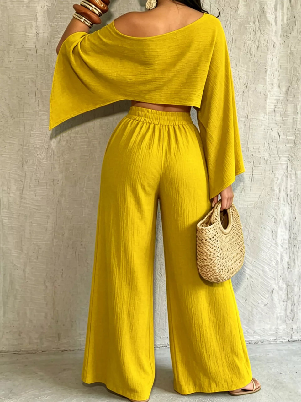Boat Neck Crop Top and Wide-Leg Pants Set