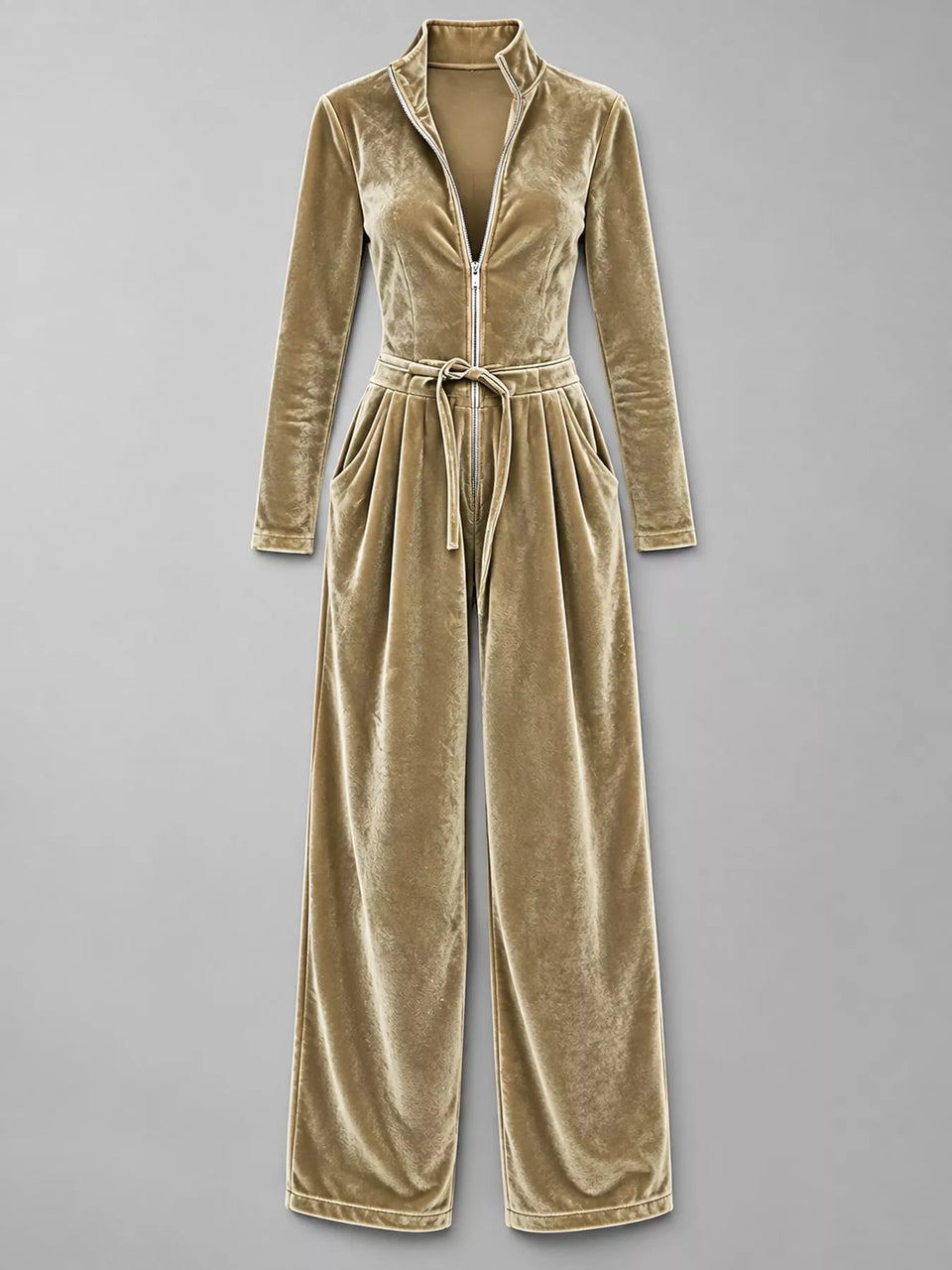 Velvet Zip-Up Jumpsuit with Tie-Waist