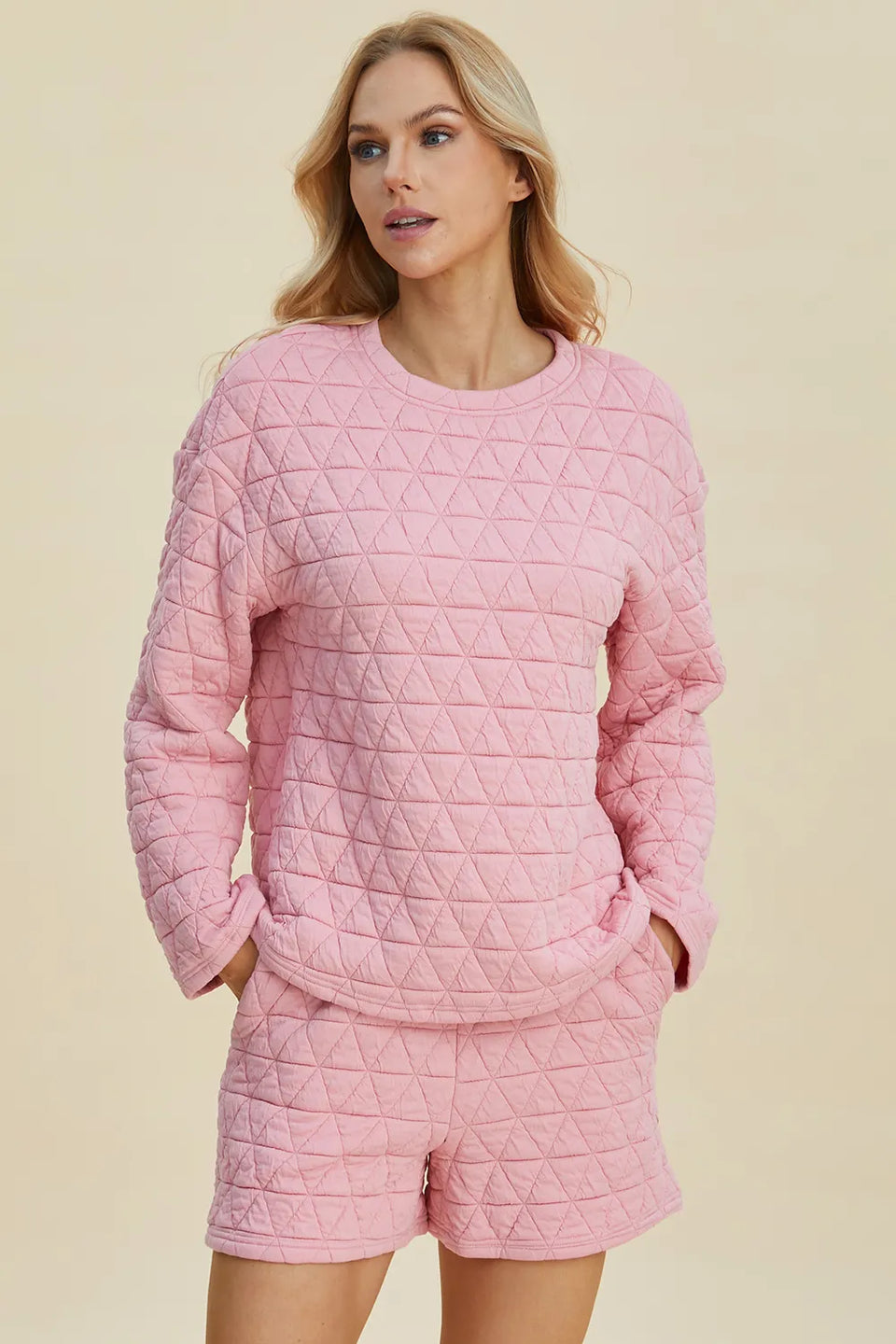Double Take Textured Long Sleeve Top and Shorts Set