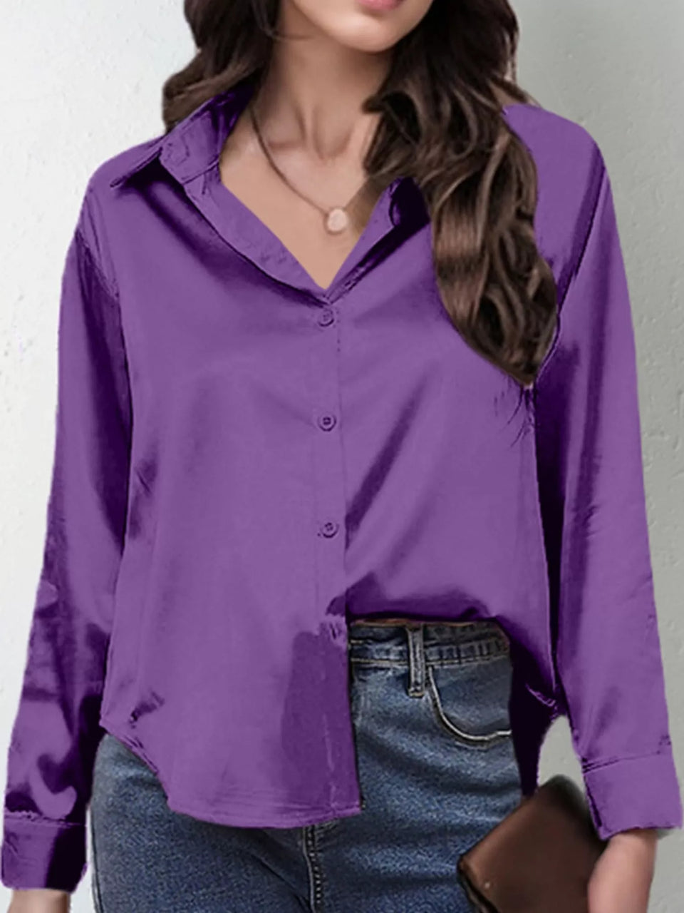 Satin Button-Down Long Sleeve Shirt