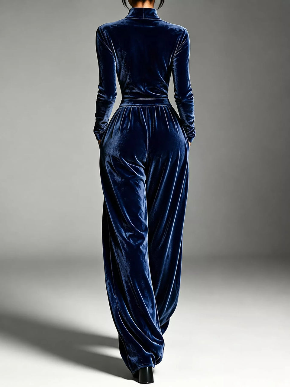 Velvet Zip-Up Jumpsuit with Tie-Waist