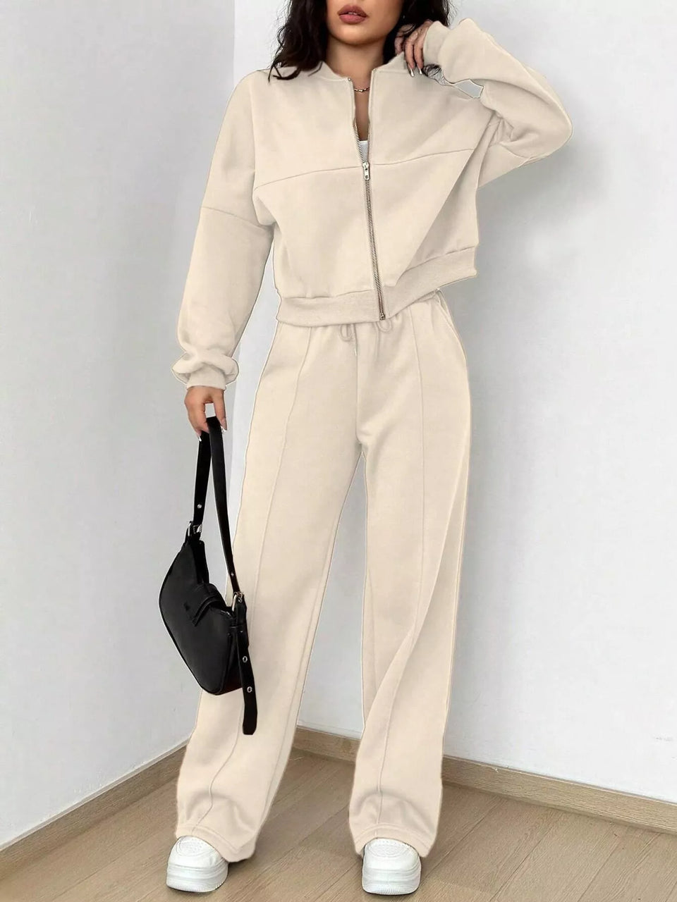 Casual Zip-Up Jacket and Wide-Leg Sweatpants Set