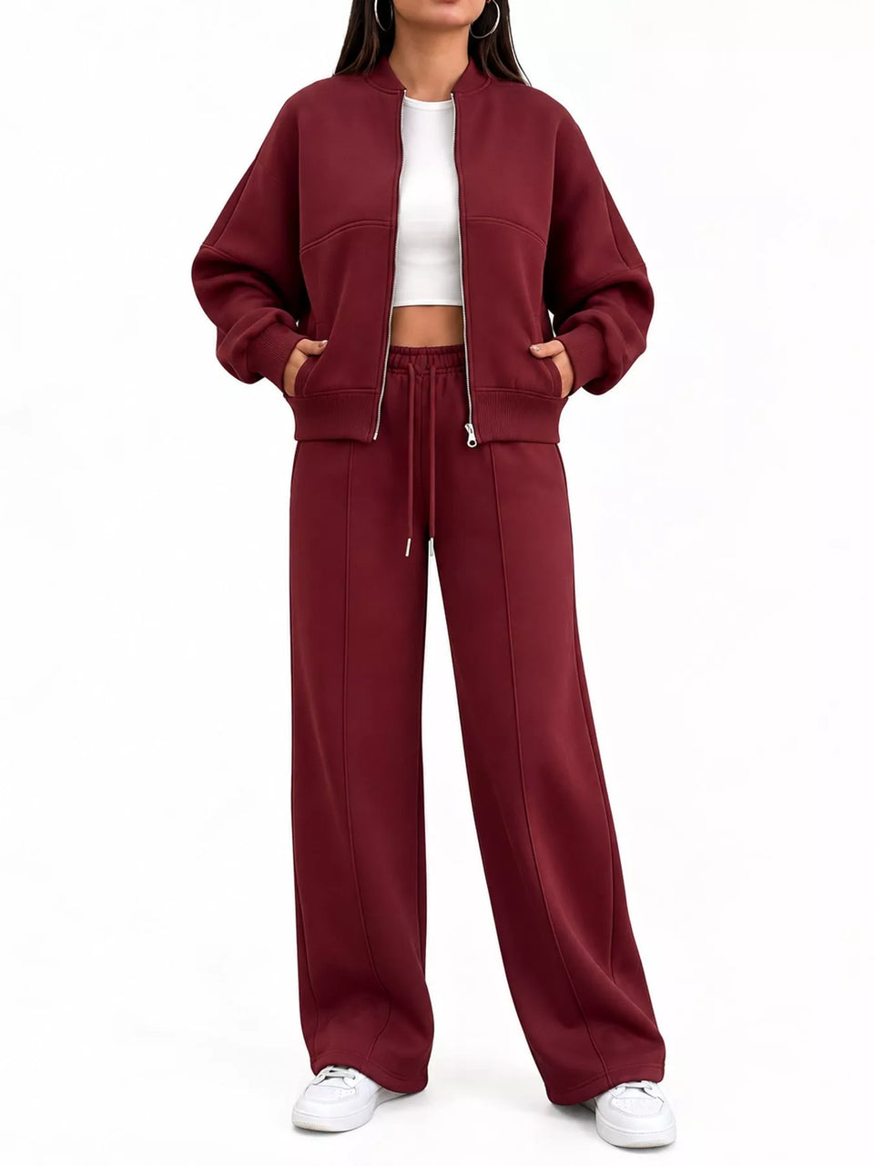 Casual Zip-Up Jacket and Wide-Leg Sweatpants Set
