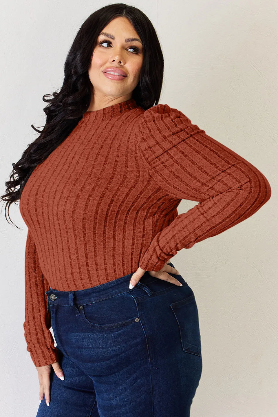 Basic Bae Ribbed Mock Neck Puff Sleeve T-Shirt