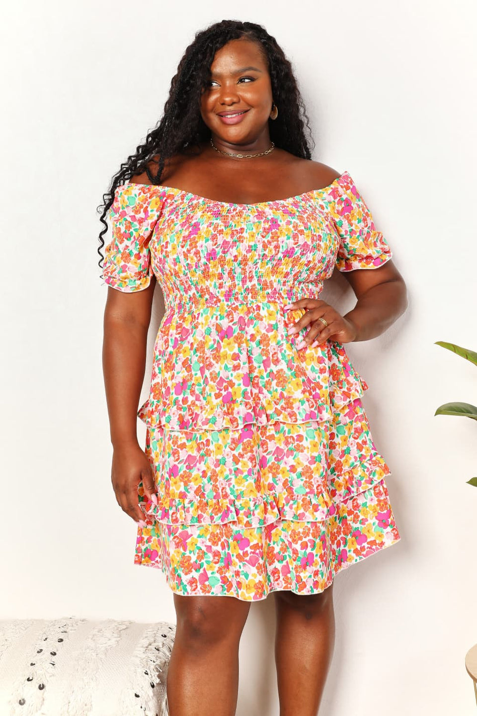 Devine Smocked Sweetheart Flounce Sleeve Mini Dress
