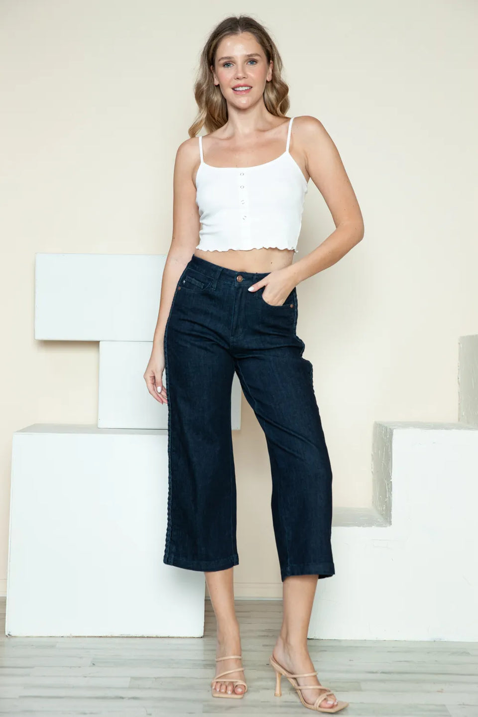 Judy Blue Side Seam Braid Crop Wide Leg Jeans