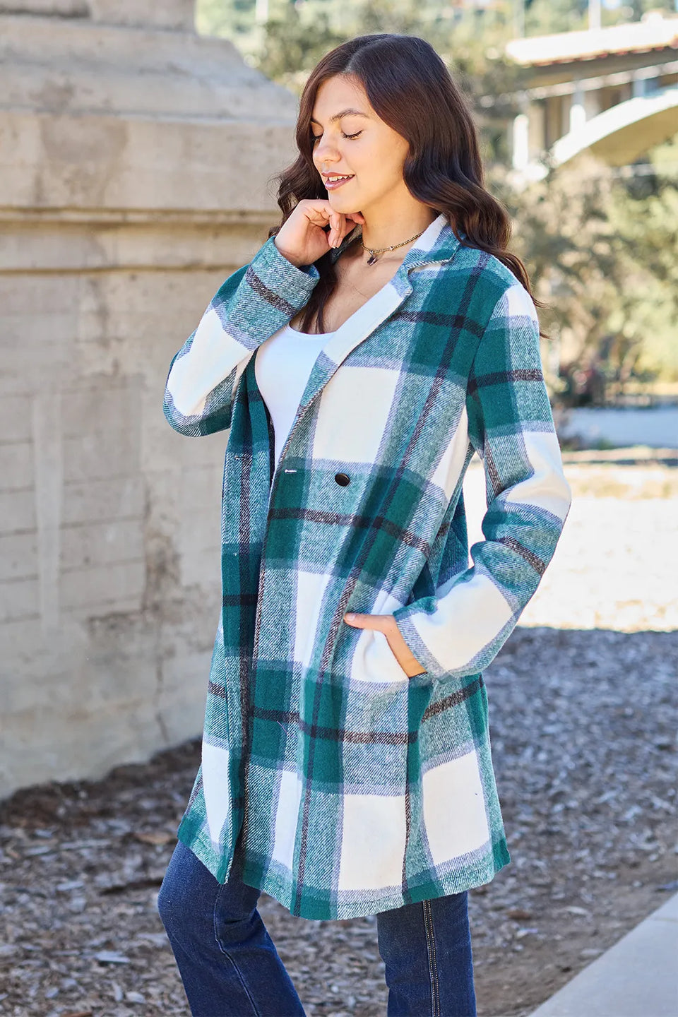Double Take Plaid Button-Up Lapel Collar Coat