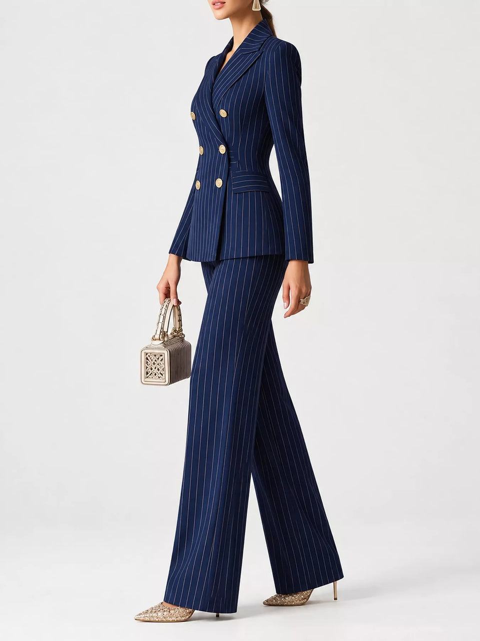 Double-Breasted Pinstripe Blazer and Wide-Leg Pants Set