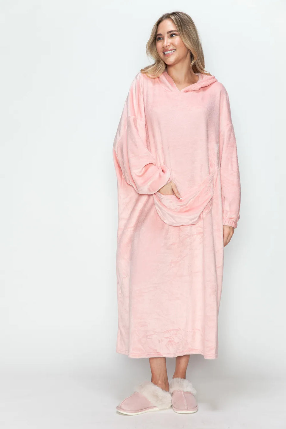 Double Take Pocketed Hooded Midi Lounge Dress
