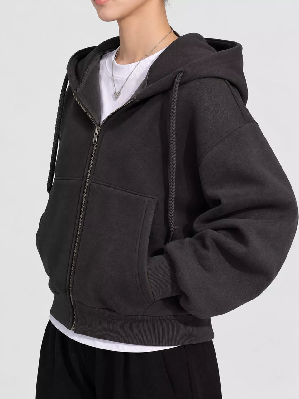Oversized Zip-Up Cropped Hoodie