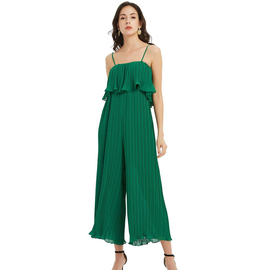 Plisserad jumpsuit med volang och vida ben