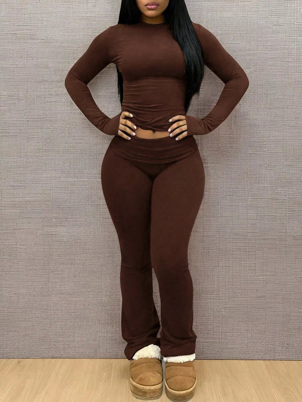 Slim-Fit Long Sleeve Crop Top and Leggings Lounge Set