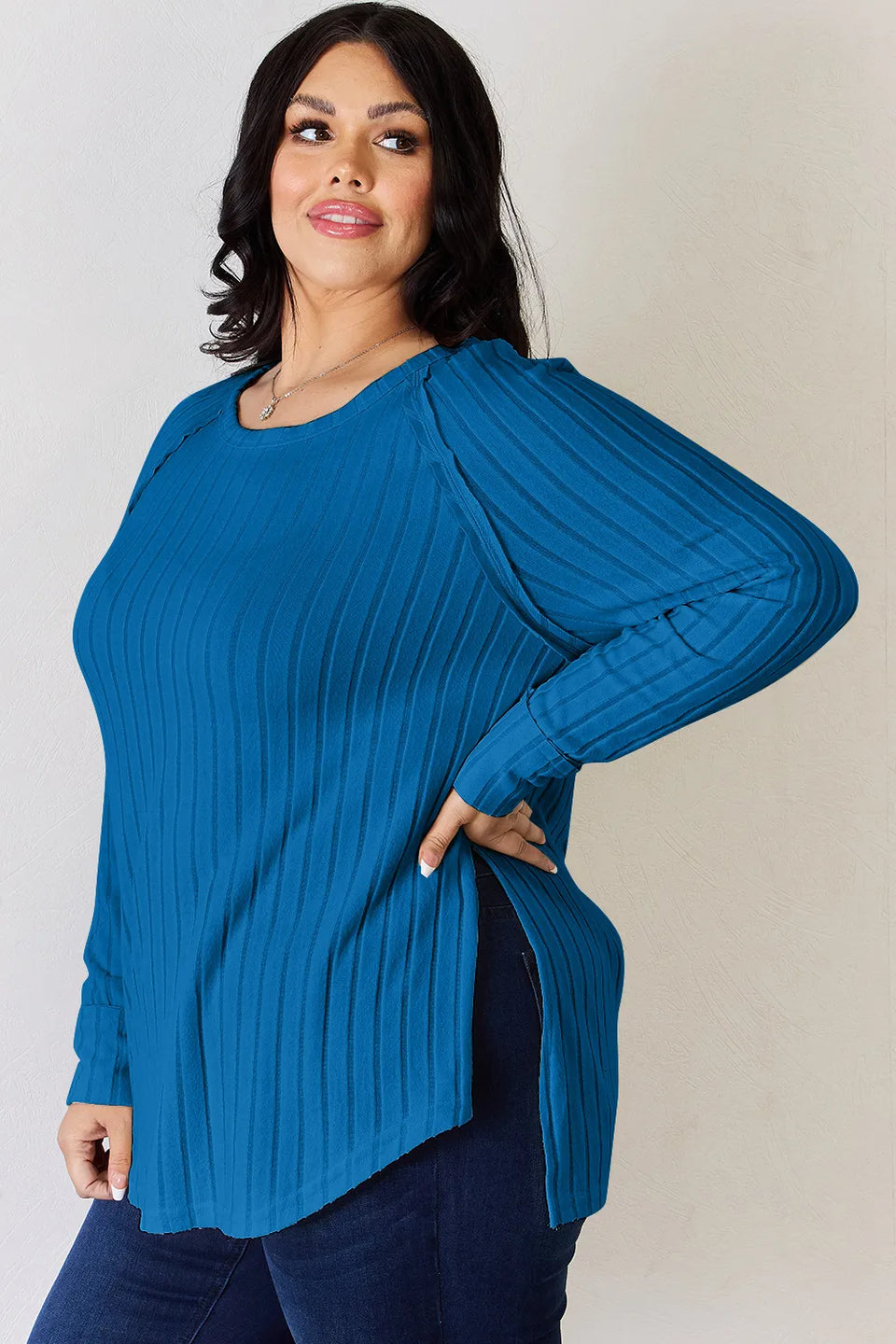 Basic Bae Ribbed Round Neck Slit T-Shirt