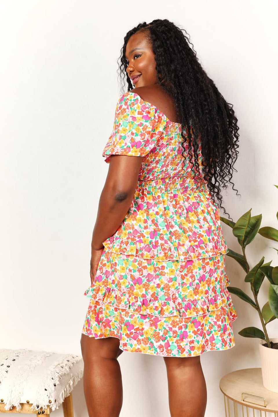 Devine Smocked Sweetheart Flounce Sleeve Mini Dress