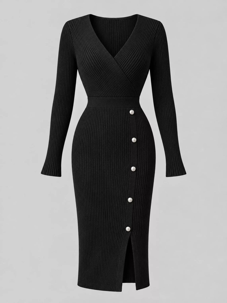 Decorative Button Ribbed Knit Sweater Dress