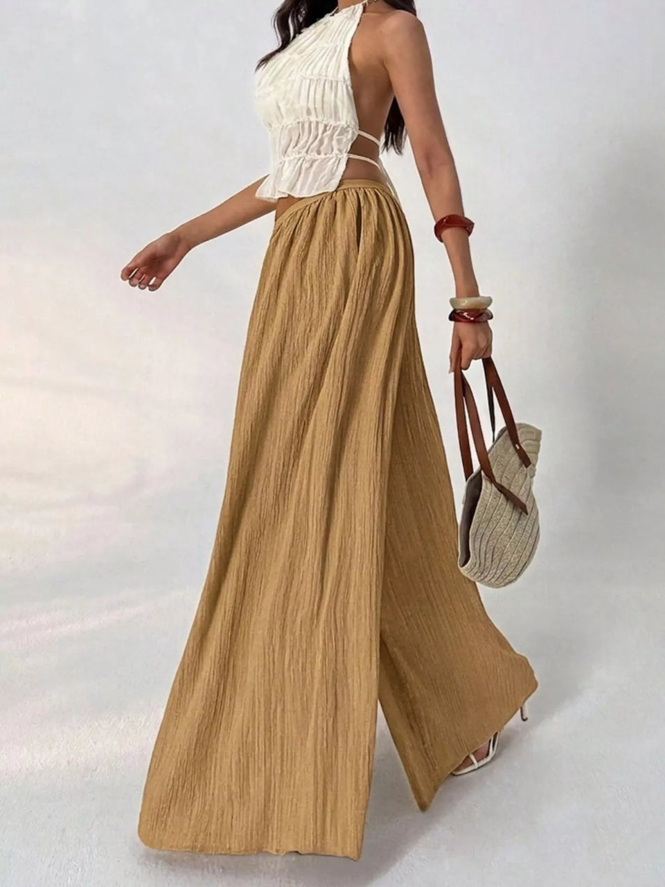 High-Waisted Wide-Leg Pleated Casual Pants