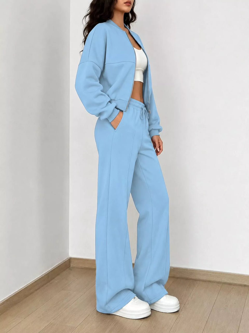 Casual Zip-Up Jacket and Wide-Leg Sweatpants Set