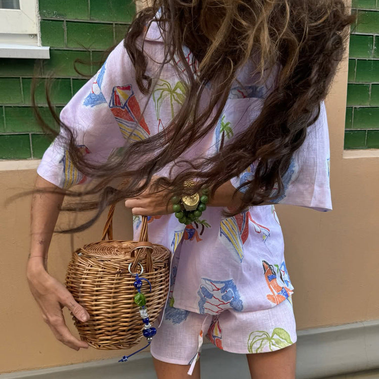 Mönstrat set med skjorta och shorts i linnemix