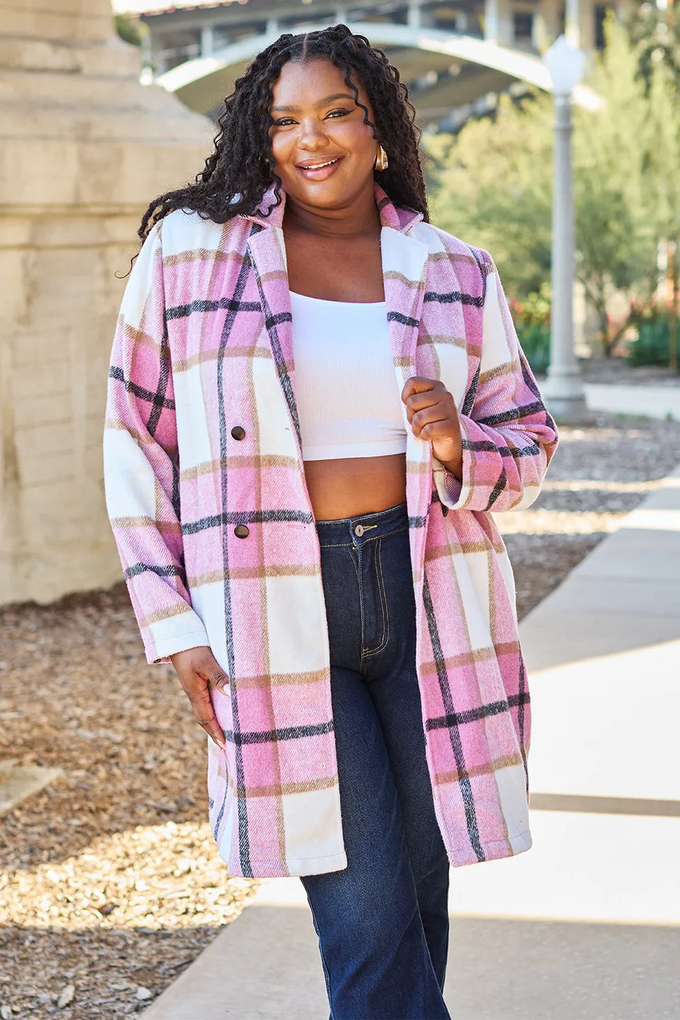 Double Take Plaid Button-Up Lapel Collar Coat