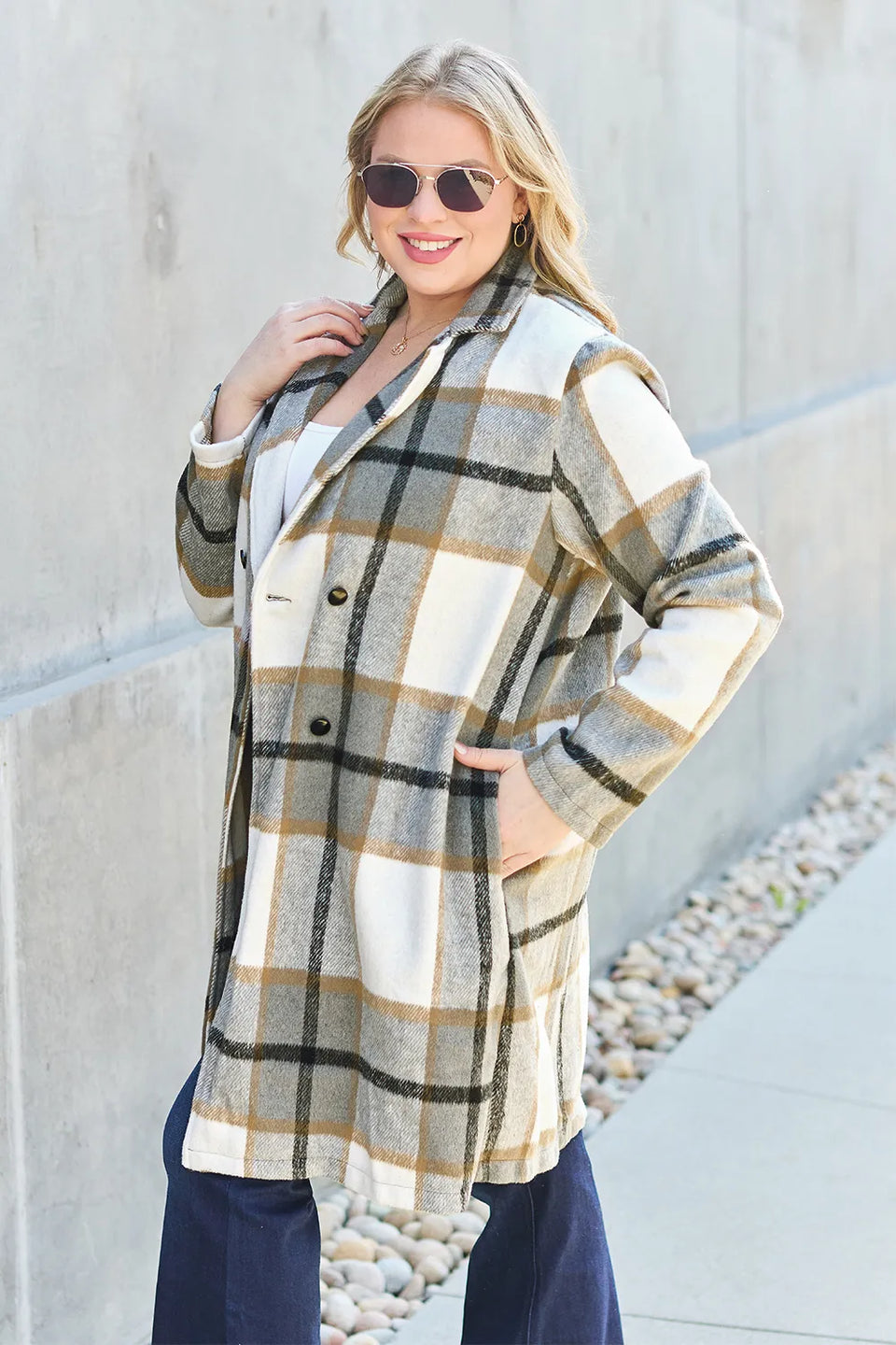 Double Take Plaid Button-Up Lapel Collar Coat