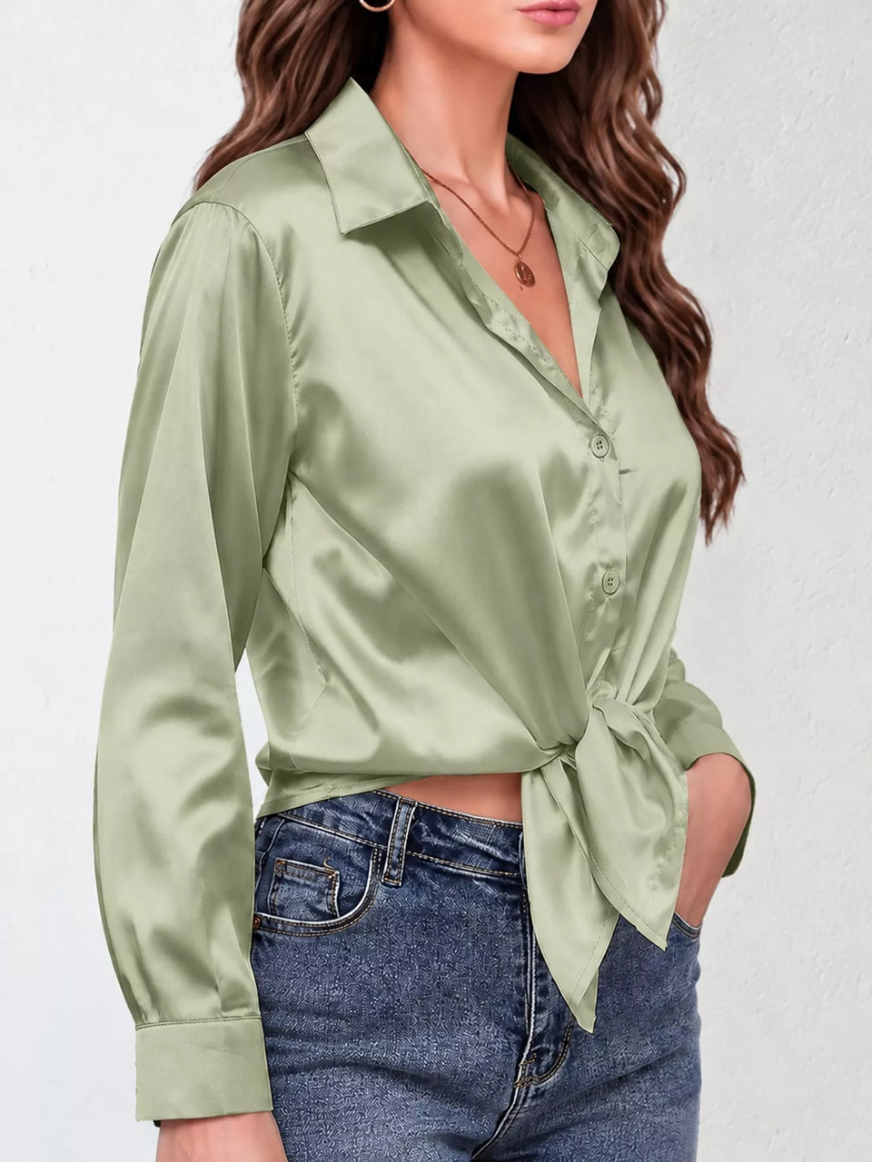 Satin Button-Down Long Sleeve Shirt