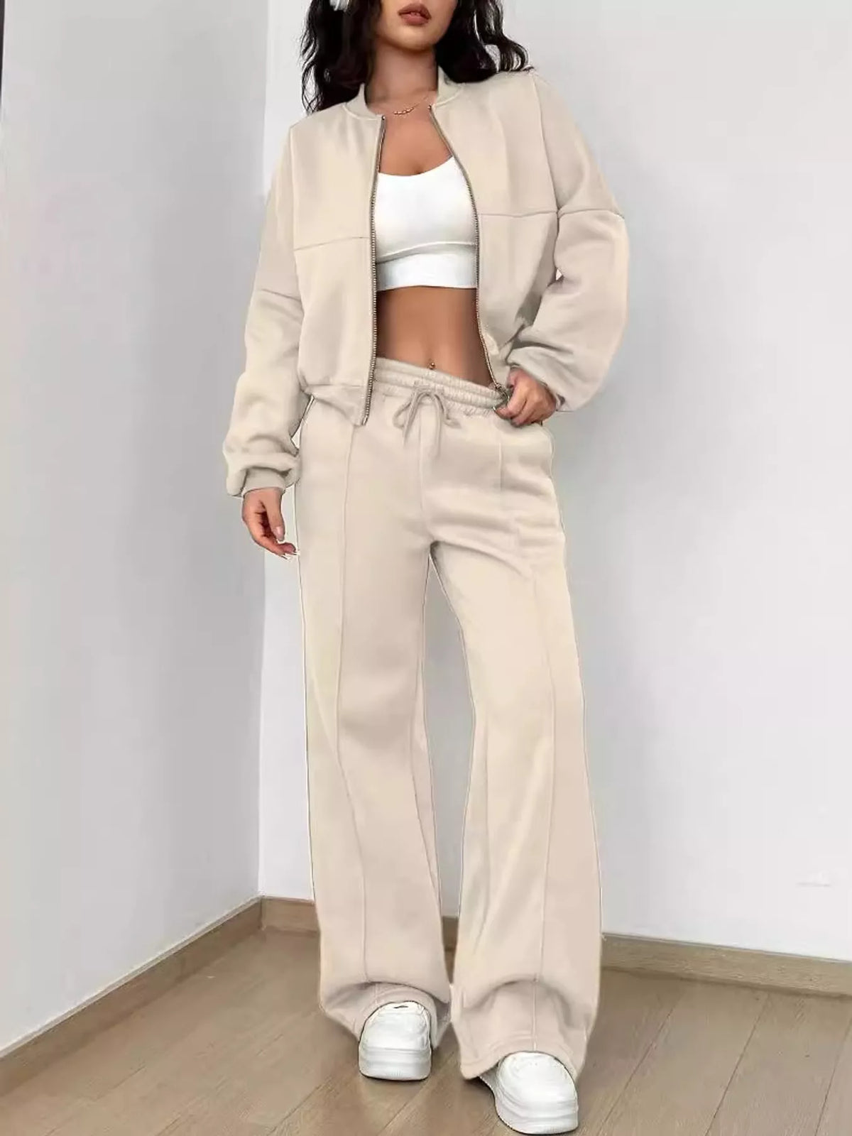 Casual Zip-Up Jacket and Wide-Leg Sweatpants Set