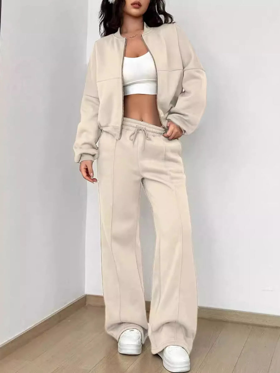 Casual Zip-Up Jacket and Wide-Leg Sweatpants Set