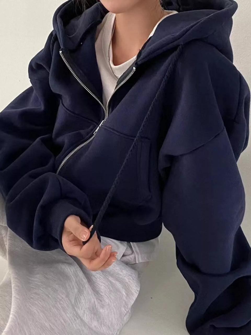 Oversized Zip-Up Cropped Hoodie