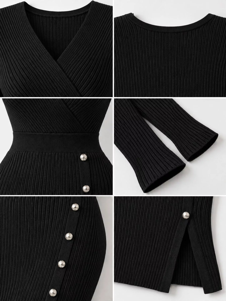 Decorative Button Ribbed Knit Sweater Dress
