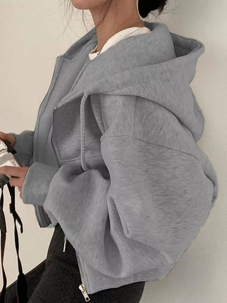 Oversized Zip-Up Cropped Hoodie