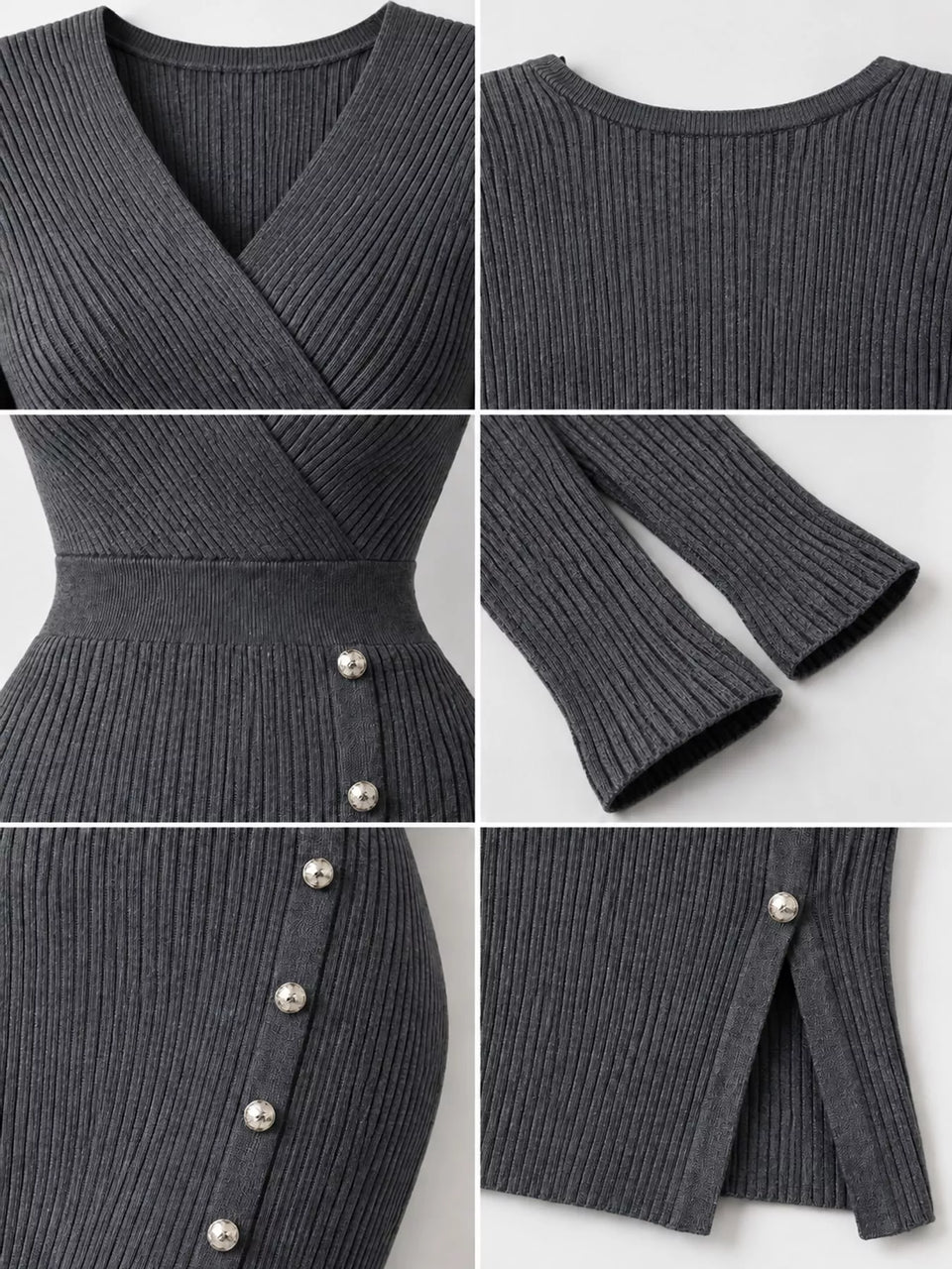 Decorative Button Ribbed Knit Sweater Dress