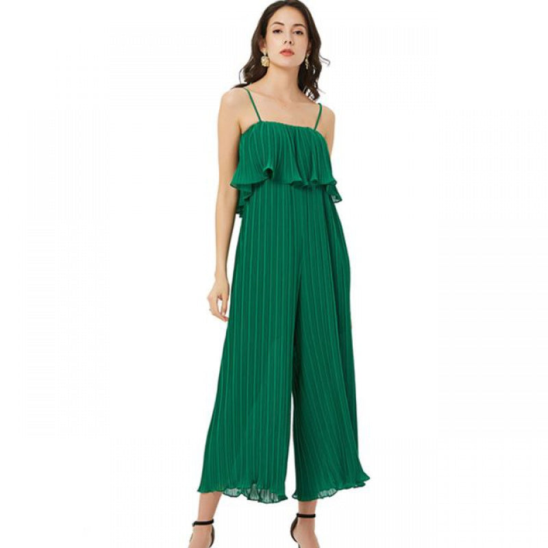 Plisserad jumpsuit med volang och vida ben