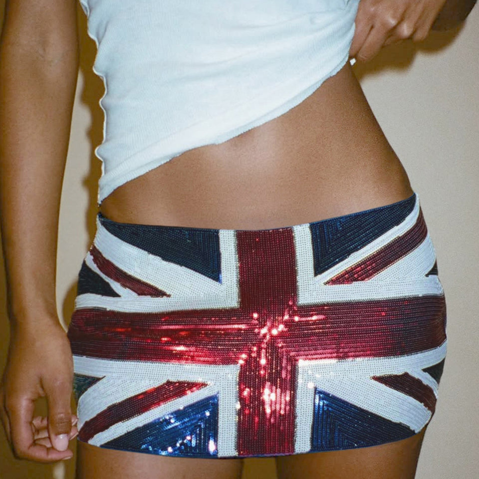 Paljettkjol i minimodell med Union Jack-tryck