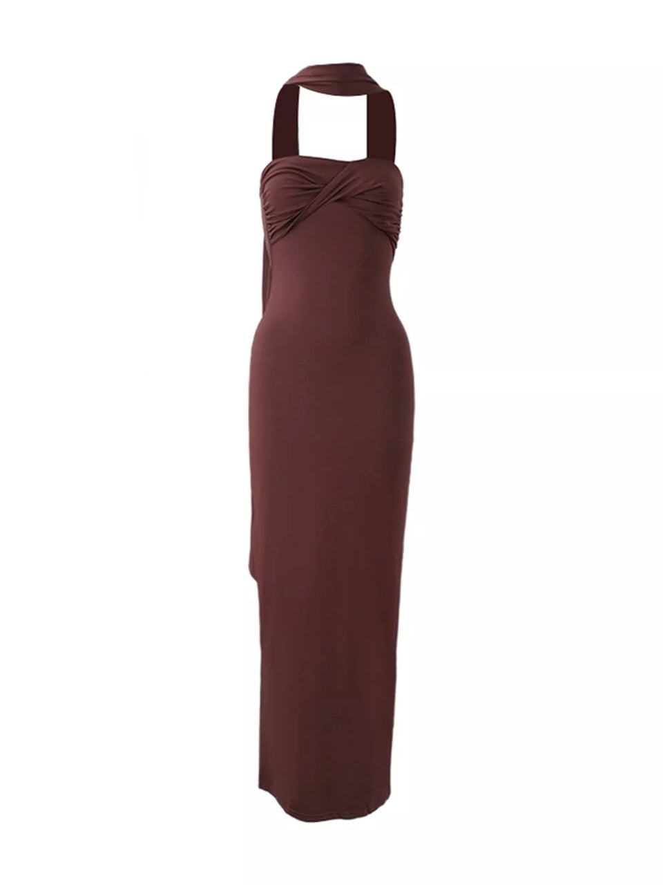 Strapless Ruched Bodycon Maxi Dress with Scarf