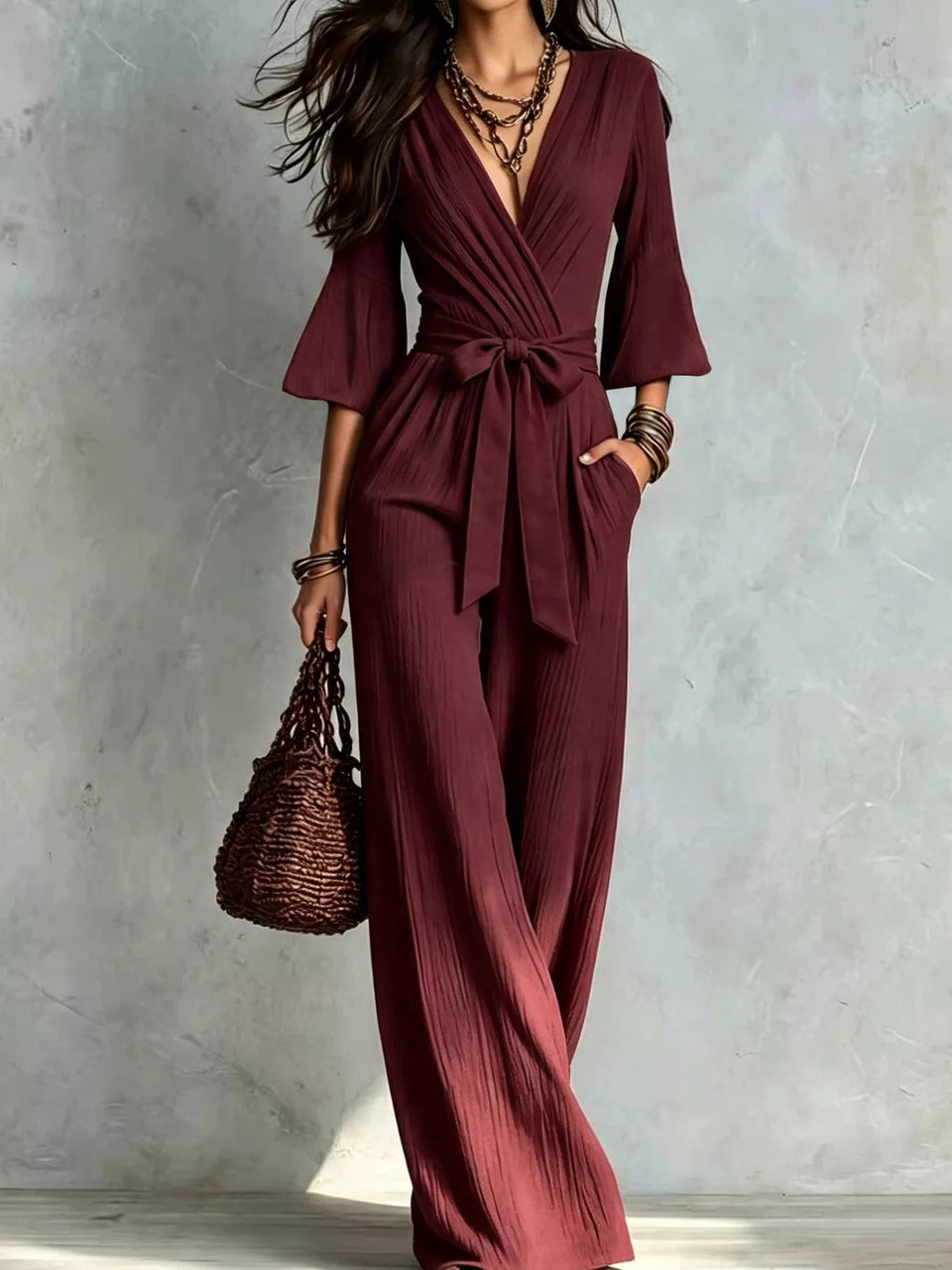 Pleated Wide-Leg Jumpsuit with Tie-Waist