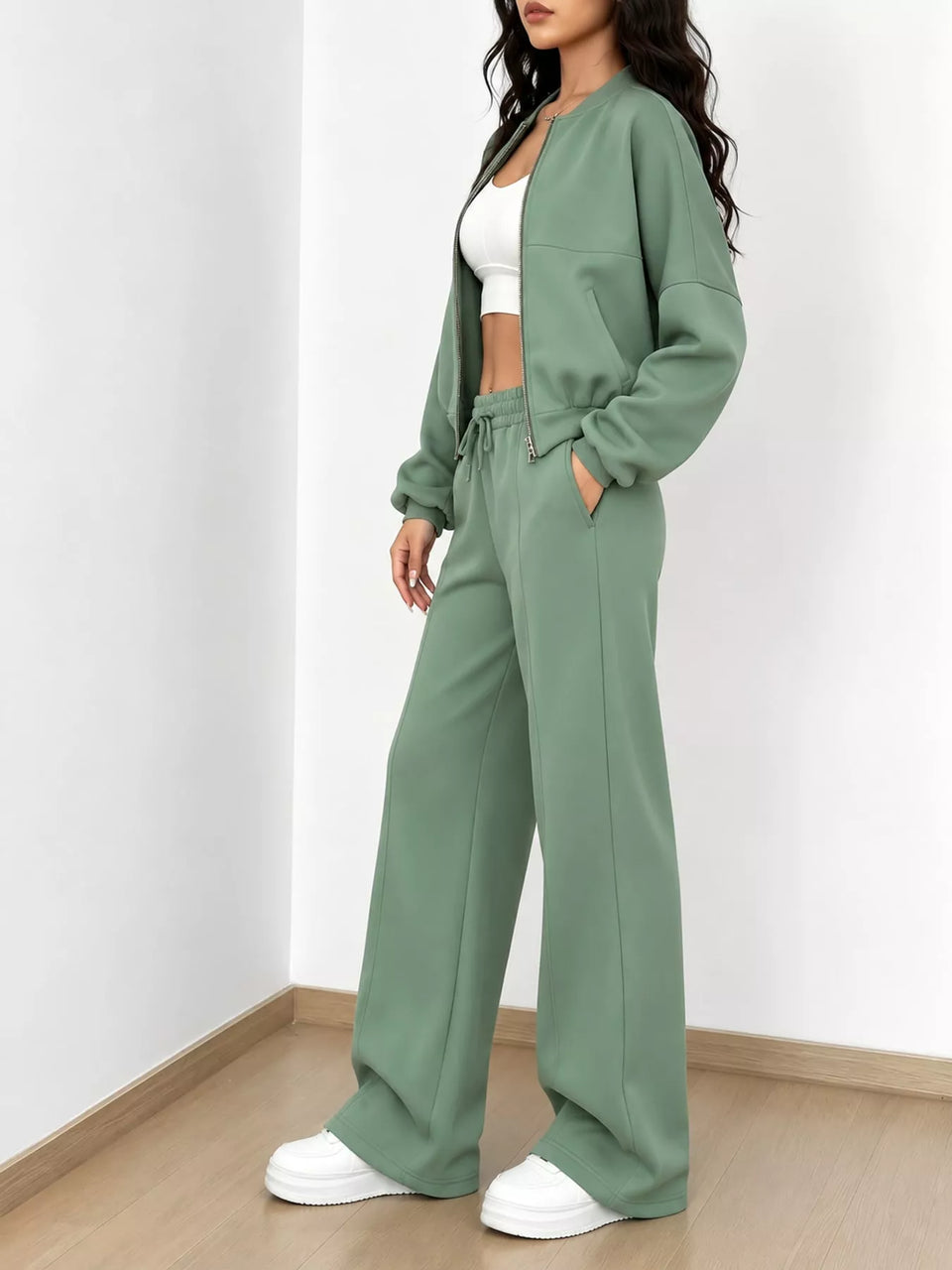 Casual Zip-Up Jacket and Wide-Leg Sweatpants Set