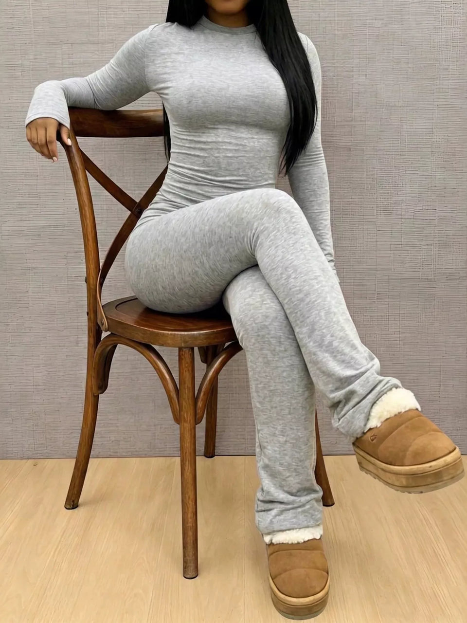 Slim-Fit Long Sleeve Crop Top and Leggings Lounge Set