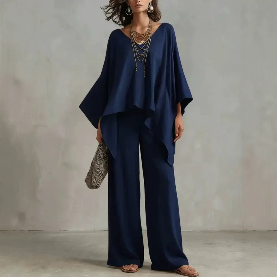 Set i linnemix med asymmetrisk topp och vida byxor