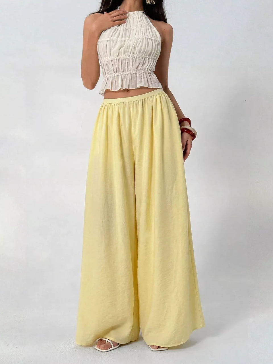 High-Waisted Wide-Leg Pleated Casual Pants